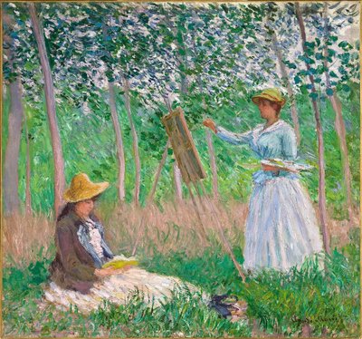 In the Woods at Giverny- Blanche Hoschedé at Her Easel with Suzanne Hoschedé Reading od Claude Monet