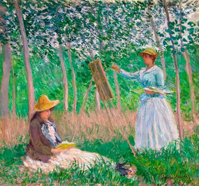 V lese v Giverny: Blanche Hoschedé u jejího stojanu se Suzanne Hoschedé Reading, 1887 od Claude Monet