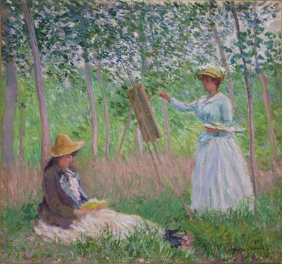 V lese v Giverny: Blanche Hoschedeová u stojanu a Suzanne Hoschedeová při čtení, 1887 od Claude Monet