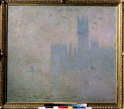 ""Racci, Temže, Londýnský parlament"" (Racek. Temže v Londýně. The Houses of Parliament) Obraz Clauda Moneta (1840-1926). 1903-1904 impresionismus. Velikost 81 x 92 cm Moskva. Puškinovo muzeum výtvarných umění od Claude Monet