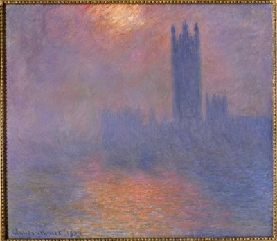 Londýn, parlament, díra ve slunci v mlze od Claude Monet