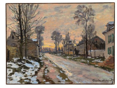 Cesta do Louveciennes, tající sníh, zapadající slunce, cca 1869-70 od Claude Monet