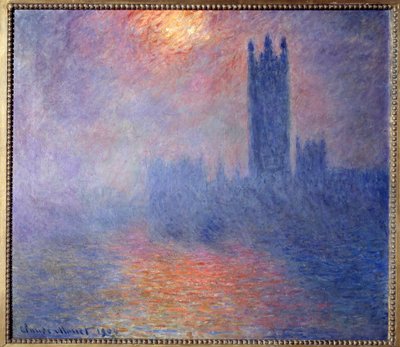 Houses of Parliament, Londýn, se sluncem prorážejícím mlhou od Claude Monet