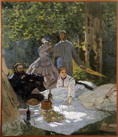 Snídaně na trávě (portrét Frederica Bazille (1841-1870) v centru, Camille Doncieux (1847-1879) a Gustave Courbet (1819-1877) a Gauche) od Claude Monet