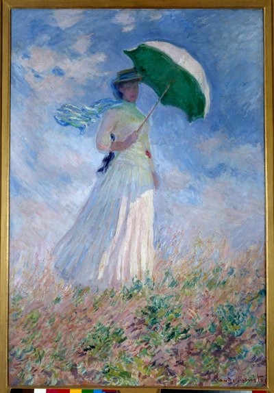 žena se slunečníkem otočeným doprava od Claude Monet