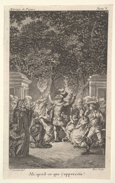Mladý chlapec drží pochodeň pod stromy v zahradě, uprostřed muž zvedne obě paže, s..., ca. 1784. od Claude Nicolas Malapeau