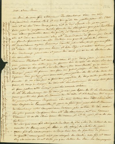 Dopis Antoinu Saugrainovi od jeho bratra, 1816 od Claude Saugrain