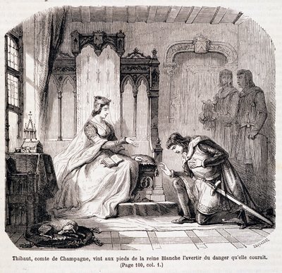 Thibaut, hrabě z Champagne, přišel k nohám královny Blanche Kastilské, aby ji varoval před nebezpečím, které jí hrozí – v „Paříži v průběhu století“ od de Genouillac od Claude Sauvageot