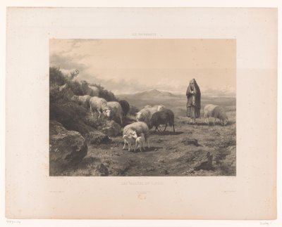 Pastýřka s ovcemi na pláni Cantal Les Vallées du Cantal (název na objektu) Pastviny (název seriálu) Les paturages (název série na objektu) od Claude Thielley