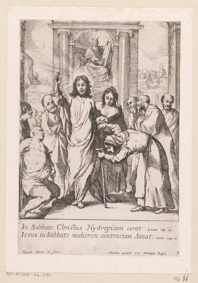 Uzdravení chromého muže a křivé ženy v sobotu Miracula Domini Nostri Jesu Christi (název série) Zázraky Krista (název série) od Claude Vignon
