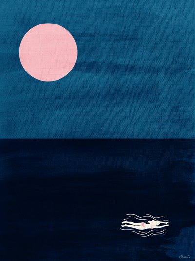 Umělecký tisk „Midnight Swim Pink Moon“ – abstraktní motiv oceánu od Claudia Spano'
