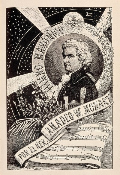 Reprezentace rakouského skladatele Wolfganga Amadea Mozarta (1756-1791), člena svobodného zednáře spojeného s Encyklopedickým slovníkem svobodného zednářství, konec 19. - začátek 20. století (rytina) od Claudio Castelucho