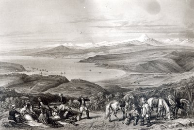 Vzdálený pohled na sopku Aconcagua, z „Historia de Chile“ vyryté F. Lehnertem od Claudio Gay
