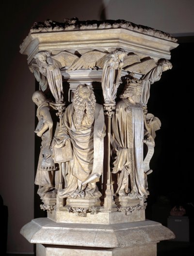 Vlámské gotické umění: podstavec s vyobrazením Daniela, Zacharie, Izajáše, Mojžíše (v popředí), Jeremieho a Davida od Clause Slutera (1350-1406) známého jako Mojžíšovy Puits (nebo Studna proroků) od Claus Sluter