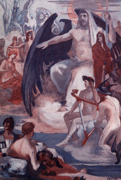 Obrana Jupitera na záchranu Trojanů nebo Řeků. Ilustrace Clementa Gontiera (1876-1918) pro Homerovu „Iliadu“ (Omero). Paříž, Henri Laurens od Clement Gontier