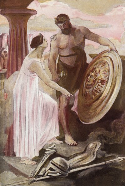 Achilleův štít vytvořený Vulkánem. Ilustrace Clementa Gontiera (1876-1918) pro Homerovu „Iliadu“ (Omero). Paříž, Henri Laurens od Clement Gontier