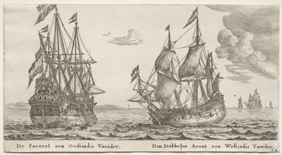 Různé lodě a pohledy na Amsterdam (Verscheÿde Schepen en Gesichten van Amstelredam), část II: Perla a východní Indián, Dvojitý orel, západoindický od Clement de Jonghe