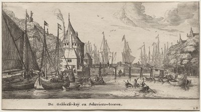 Různé lodě a pohledy na Amsterdam (Verscheÿde Schepen en Gesichten van Amstelredam), část II: Geldersche Quai a Schreiers Tower od Clement de Jonghe
