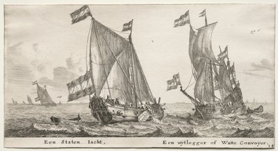 Různé lodě a pohledy na Amsterdam (Verscheÿde Schepen en Gesichten van Amstelredam), část II: Jachta holandské admirality. Strážní loď od Clement de Jonghe