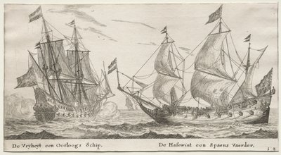 Různé lodě a pohledy na Amsterdam (Verscheÿde Schepen en Gesichten van Amstelredam), část II: Svoboda, válečný muž. Vlčí pes, španělské plavidlo od Clement de Jonghe