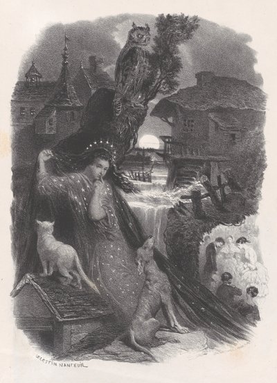 Noc, viněta dívky v kostýmu z 18. století trhající růže na rubu, ca. 1830-65. od Célestin Nanteuil