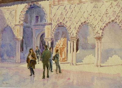 Alcazar, Nádvoří dívek, 2002 (akvarel) od Clive Wilson