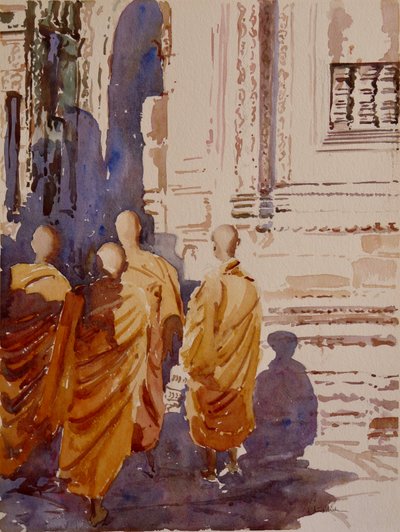 Bayon pm - mniši passegiata, 2000 (akvarel) od Clive Wilson