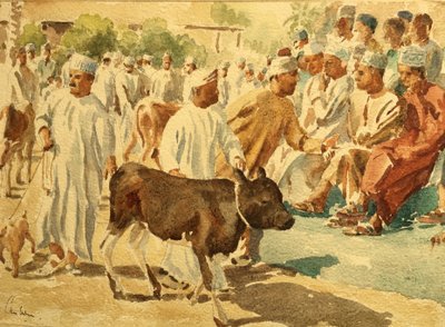 Trh s dobytkem, Nizwa, Omán (1), 2018 (akvarel) od Clive Wilson