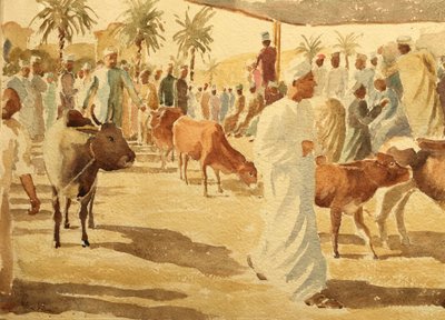 Trh s dobytkem, Nizwa, Omán (2), 2018 (akvarel) od Clive Wilson
