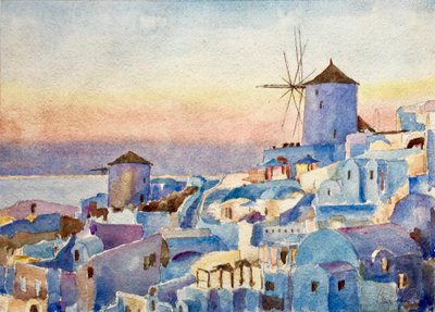 Santorini Oia - západ slunce, čas svícení, 2018 (akvarel) od Clive Wilson