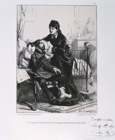 Francouzsko-pruská válka 1870-1871: Zraněný voják je ošetřován a živen. Ze série litografií Clementa Augusta Andrieuxe o Gardes Nationales. od Clément Auguste Andrieux
