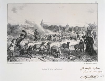 Francouzsko-pruská válka 1870-1871: Odhánění stáda ovcí, aby se zabránilo jejich pádu do rukou Prusů. Ze série litografií Clementa Augusta Andrieuxe o Gardes Nationales. od Clément Auguste Andrieux