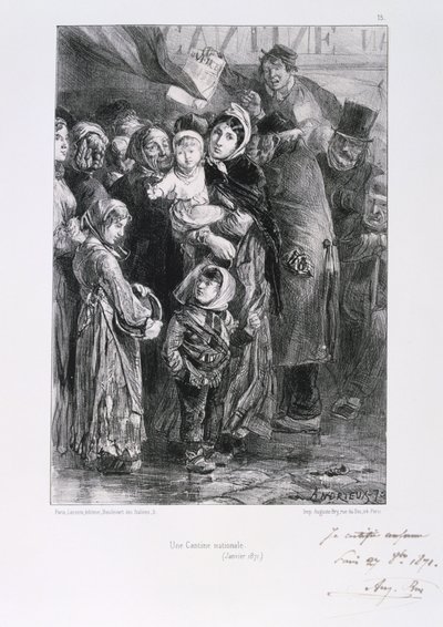 Francouzsko-pruská válka 1870-1871. Obléhání Paříže 19. září 1870-28. ledna 1871. Národní vývařovna v Paříži, leden 1871. Ze série litografií Clementa Augusta Andrieuxe o Gardes Nationales. Nedostatek potravin Hlad od Clément Auguste Andrieux