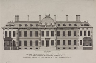Povýšení Montague House na dvůr Great Russell Street, Holborn, kolem roku 1725 (rytina) od Colen Campbell