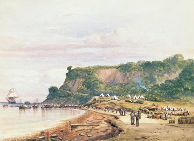 Vylodění britských a francouzských vojsk ve Varua u Černého moře z H.M.S.Bellerophon, 17. července 1854 v Krymské válce (akvarel) od Colonel Ben Hallewell