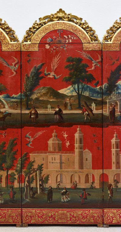 Biombo s pohledy na Mexico City (olej na červeném maki-e laku na desce, zlacené dřevěné pasparty a plátěný podklad) od Colonial Spanish