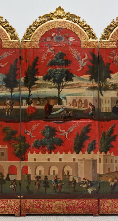 Biombo s pohledy na Mexico City (olej na červeném maki-e laku na desce, zlacené dřevěné pasparty a plátěný podklad) od Colonial Spanish