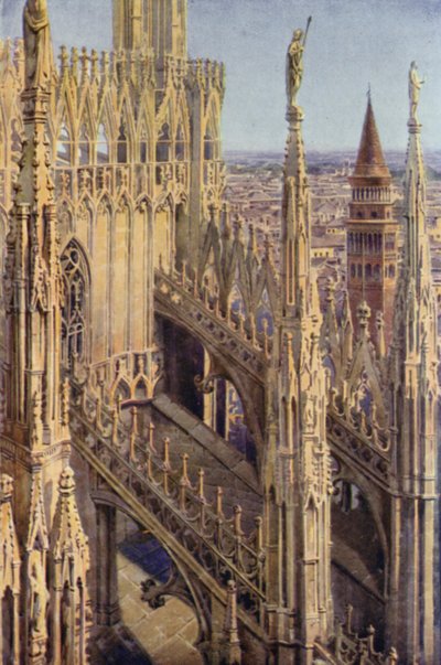 Křídlo katedrály Duomo a věž svatého Gottarda v Miláně od Commendator Formilli