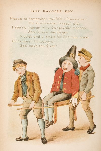 Den Guye Fawkese, z „Rýmky a příběhy staré matky husy“, vydané Frederickem Warne und Co., kolem 90. let 19. století (chromolitho) od Constance Haslewood