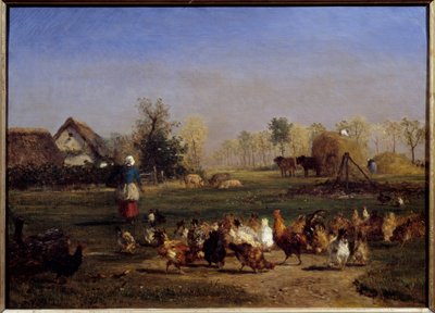 La provende des hens La basse cour (Basse-cour). Obraz Constant Troyon (1810-1865) 19. století Sun. 0,51x0,7 m - Výkrm slepic. Hospodářský dvůr. Obraz od Constanta Troyona (1810-1865) od Constant Emile Troyon