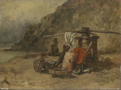 Plážová scéna se stojany na pláštěnky od Constant-Emile Troyon