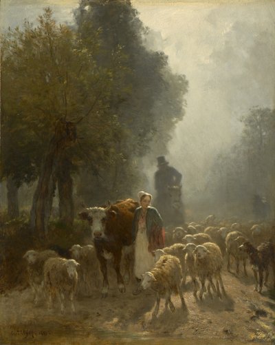 Jít na trh za mlhavého rána, 1851 od Constant Emile Troyon