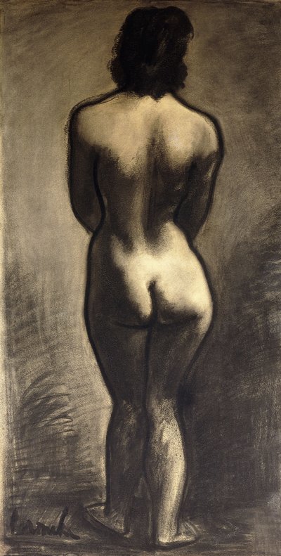 Stojící akt; Nu Debout - Stand Naakt, c. 1930 (černá křída a černý lavír na papíře) od Constant Permeke