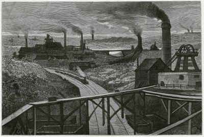 Těžba uhlí a terry (aspekty contree borainu). Rytina Constant Meunier pro ilustraci příběhu „Belgie“ od Camille Lemonnier (1844-1913), belgická spisovatelka. Publikováno v Le Tour du monde, nouveau journal des voyages, 2. semestr 1884, e od Constantin Emile Meunier