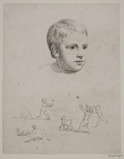 Øverst portræt af T. N. Thiele som barn, forneden fire drenge der spiller bold   1267464   cs       czech Successfully Translated  Original: My Little Doll, poem by Charles Kingsley (colour litho) Translat: My Little Doll, poem by Charles Kingsley (colour  od Constantin Hansen