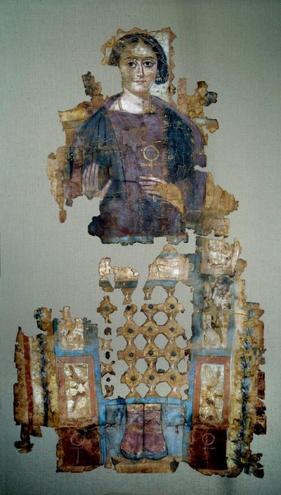 Koptské umění: fragment malovaného plátěného rubáše znázorňující mladou ženu nazývanou dámu křížem ansee. Z Antinoupolis. 4. století našeho letopočtu. Paříž, muzeum Louvre od Coptic Coptic