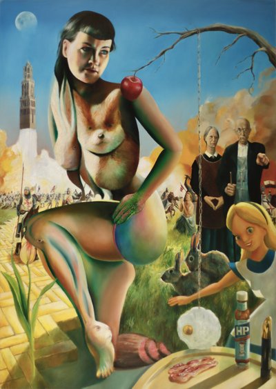 Surrealistická scéna s nahými postavami od Corné Akkers