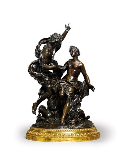 Bronzová skupina Ludvíka XIV. představující Baccha a Ariadnu, c. 1704 (bronz se zlacenou základnou) od Corneille van Cleve