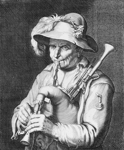 Muž hrající na dudy, 17. století. od Cornelis Bloemaert