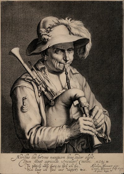 Muž hrající na dudy (rytina) od Cornelis Bloemaert
